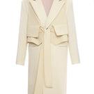 Gvasalia double-breasted coat with attached vest, stylish winter outerwear, tailored fit, in classic neutral color.