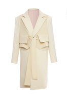 Gvasalia double-breasted coat with attached vest, stylish winter outerwear, tailored fit, in classic neutral color.