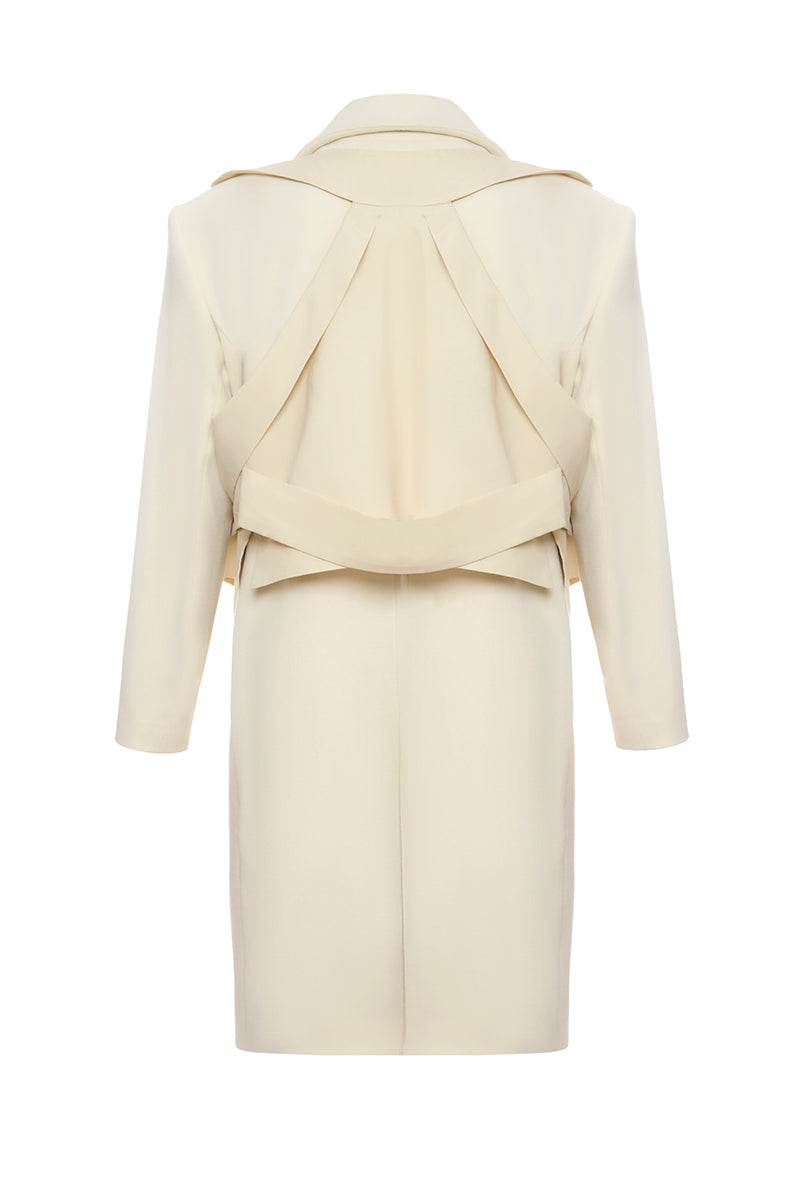 Gvasalia double-breasted coat with matching vest, tailored fit, in a neutral color, displayed on a hanger.