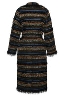 Lalo structured multicolor coat with embroidered mesh detailing, showcasing a stylish and colorful outerwear design.