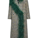 Lalo oversized multicolor coat with faux feather trim, stylish winter outerwear, shown on a model.