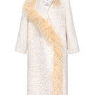 Lalo oversized white beige coat with faux feather trim, stylish winter outerwear, displayed on a hanger.