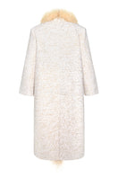 Lalo oversized beige coat with faux feather trim, stylish winter outerwear, front view showing collar and textured fabric.