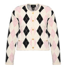 Lalo multicolor cropped knitted cardigan with round neckline, stylish and cozy, displayed on a hanger.