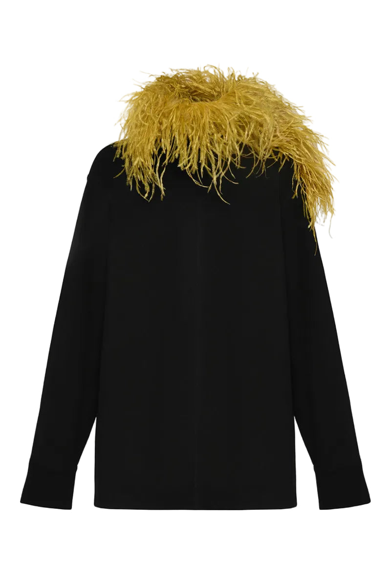 Lalo relaxed fit knit sweater with gold feather trim, soft fabric, and casual style, perfect for cozy, stylish looks.