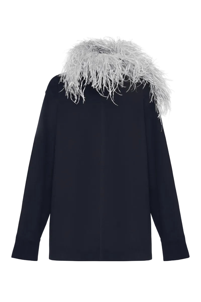 Lalo relaxed fit knit sweater with gray feather trim, soft long-sleeve tops, stylish and comfortable winter fashion.
