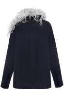 Lalo relaxed fit knit sweater with gray feather trim, showcasing cozy long sleeves and stylish design, perfect for casual wear.