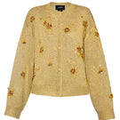 Lalo gold knitted cardigan with embroidered button-down front, featuring a cozy, textured design and decorative buttons.
