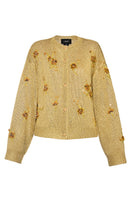 Lalo gold knitted cardigan with embroidered button-down front, featuring a cozy, textured design and decorative buttons.