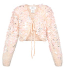 Lalo pink cropped cardigan with intricate embroidery details, lightweight knit, long sleeves, and a stylish, modern fit.