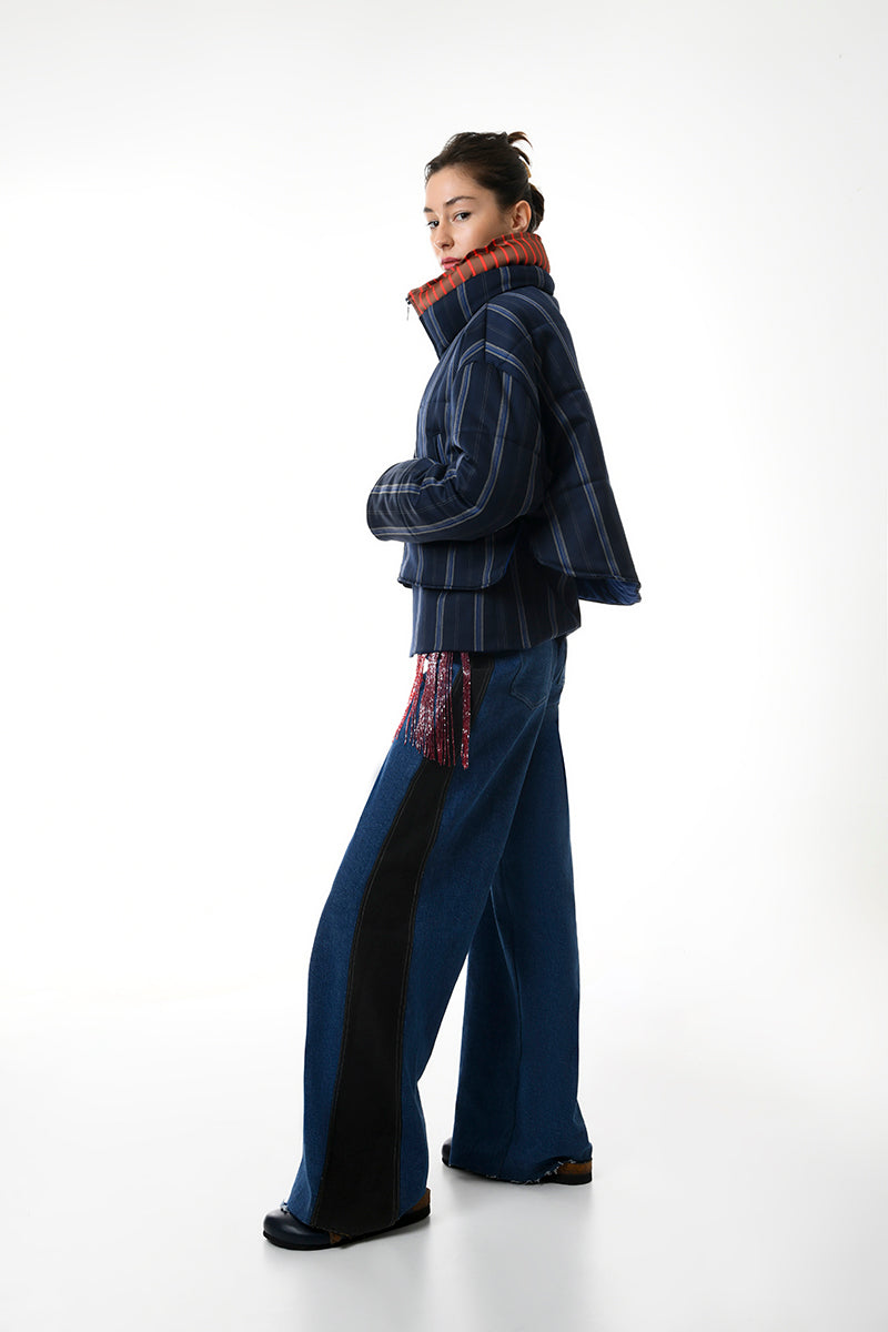 Gvasalia two-tone puffer coat with double collar detail, stylish winter outerwear, shown from the front in the image.