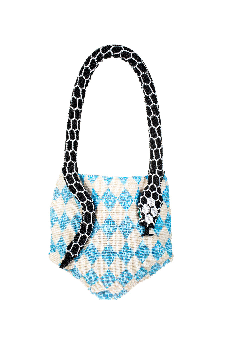 Blue and cream Serpent Mini shoulder bag by SAC DE SOUL, featuring a sleek design and compact size.