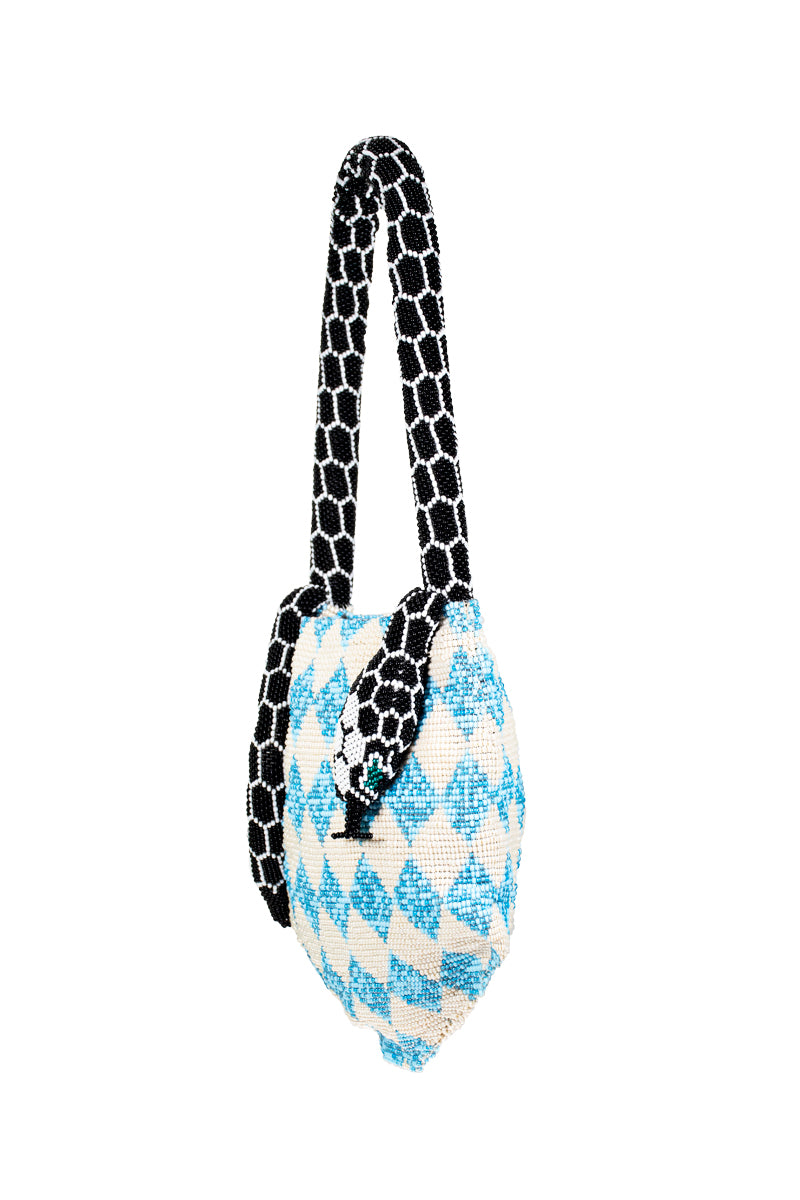 SAC DE SOUL Serpent Mini shoulder bag in blue and cream with textured snake skin pattern on a white background.