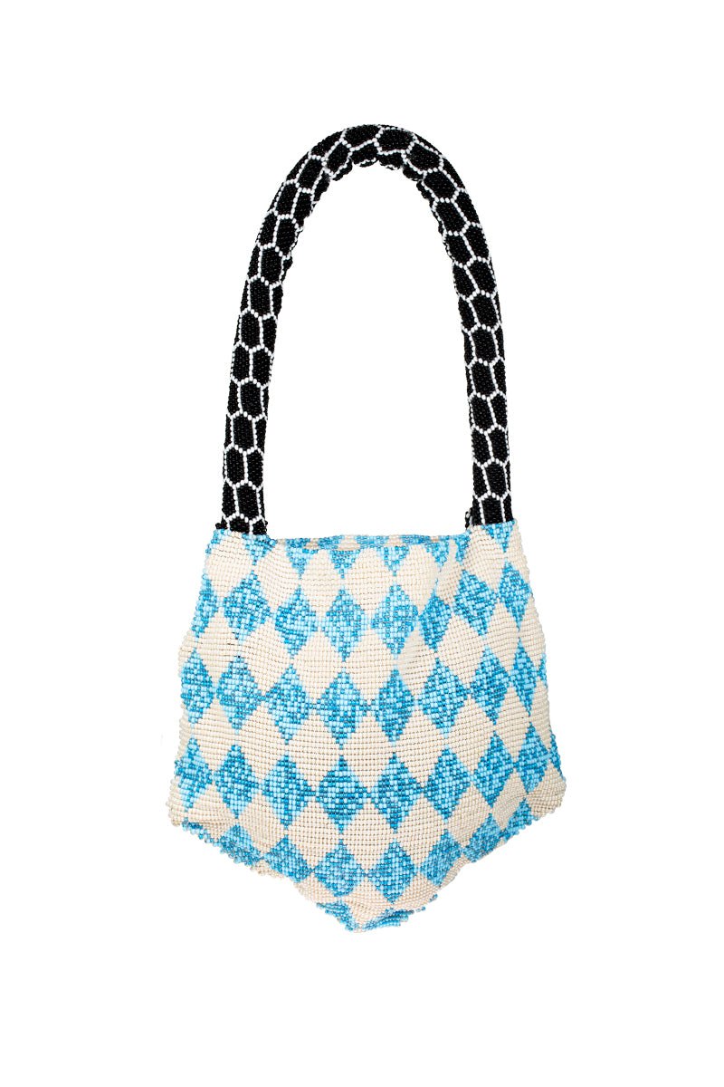 Blue and cream Serpent Mini shoulder bag by SAC DE SOUL with sleek design and gold-tone hardware.
