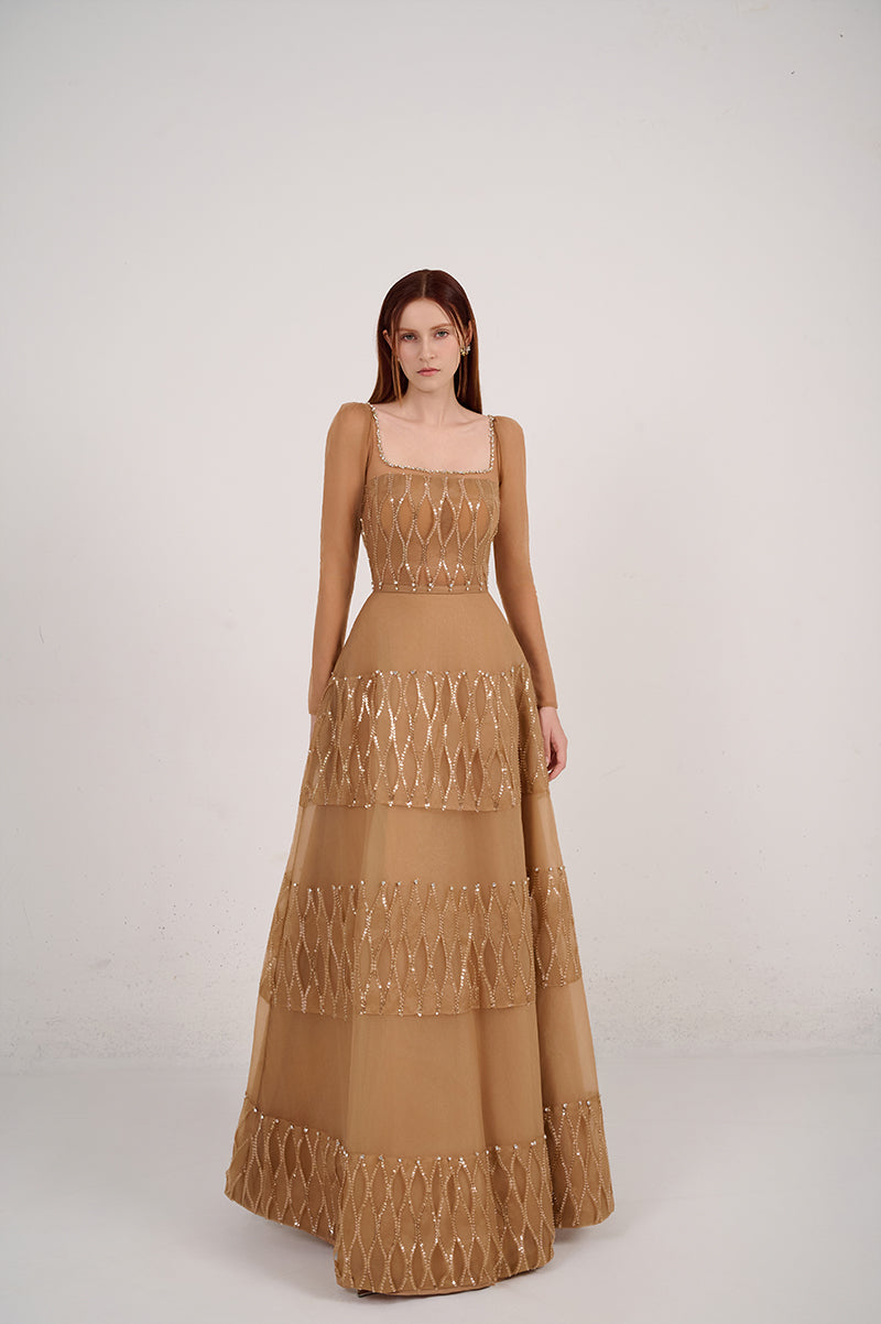 LONG SLEEVED BROWN SQUARE NECK MAXI DRESS