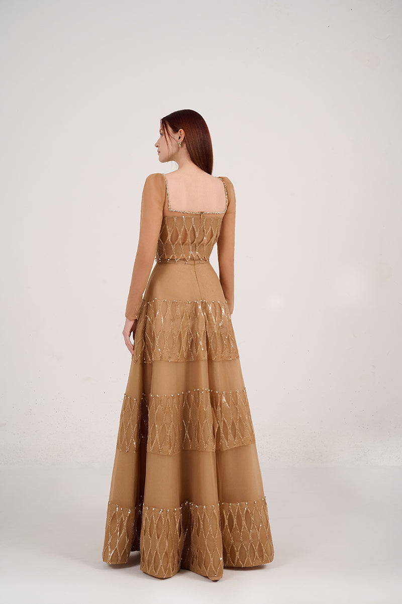 LONG SLEEVED BROWN SQUARE NECK MAXI DRESS - CULT MIA