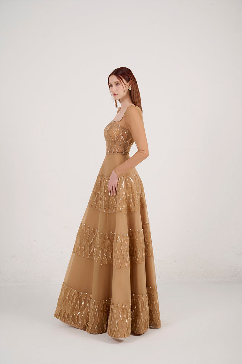 Long sleeved brown square neck gown by Happy Clothing, featuring a flowing silhouette and elegant design.