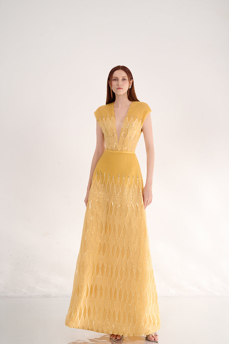 golden yellow dress casual Wholesale Yellow A-Line Midi Dress With V-Neck And Cap Sleeves
