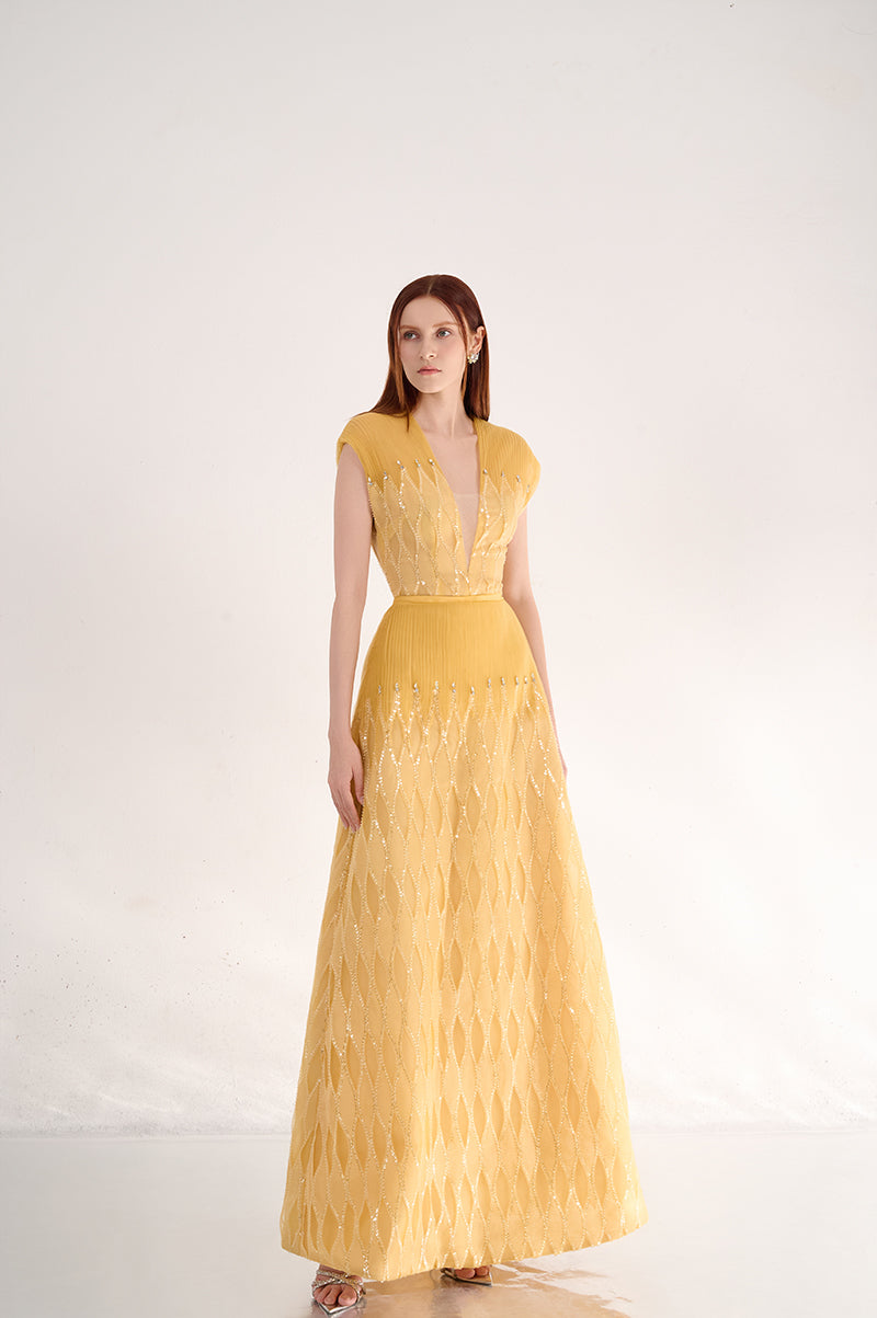 YELLOW V-NECK MAXI DRESS - CULT MIA