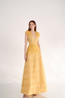 Yellow V-neck maxi dress by Happy Clothing, flowing fabric, sleeveless design, perfect for summer events.