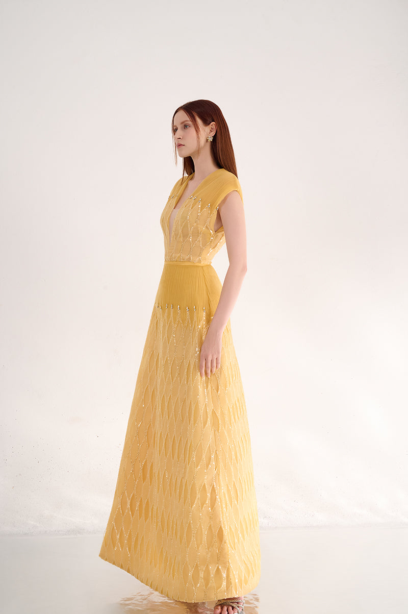 YELLOW V-NECK MAXI DRESS - CULT MIA
