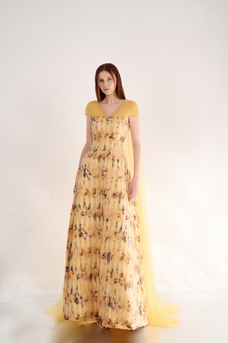 YELLOW V-NECK A LINE DRESS