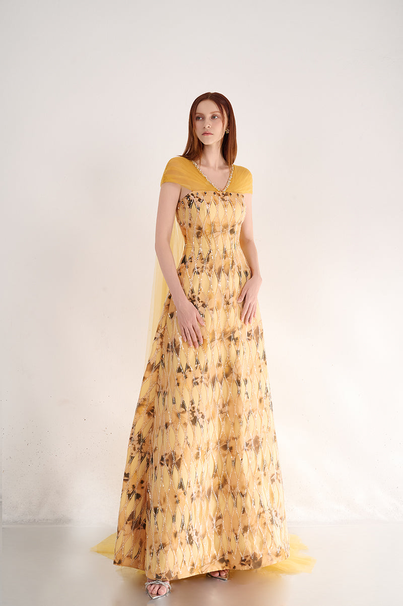 YELLOW V-NECK A LINE DRESS - CULT MIA