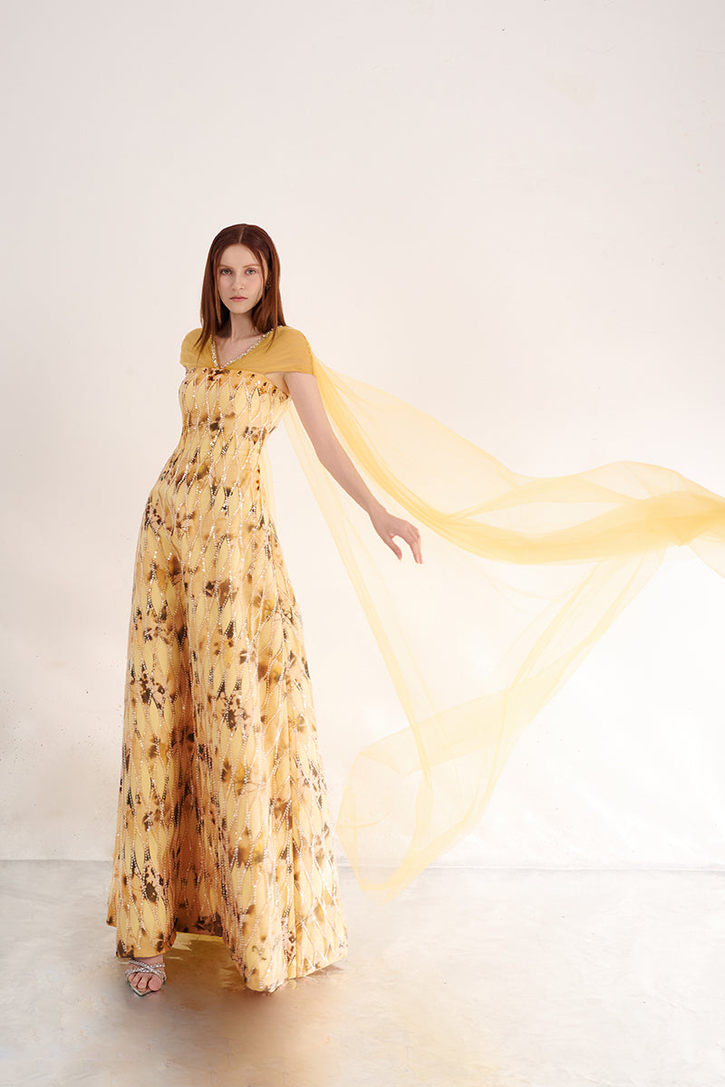 YELLOW V-NECK A LINE DRESS - CULT MIA
