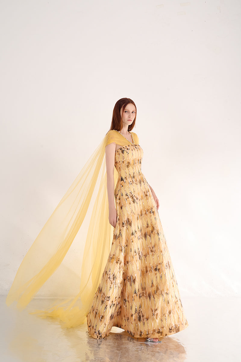 YELLOW V-NECK A LINE DRESS - CULT MIA