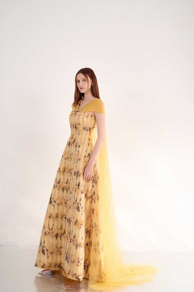 YELLOW V-NECK A LINE DRESS - CULT MIA