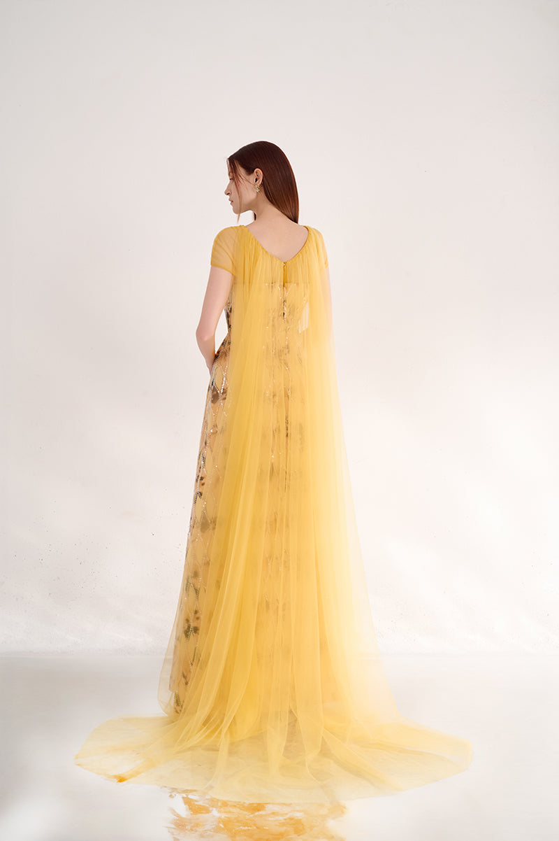 yellow a line maxi dress Women's Casual A-Line Maxi Dress, Floral Pattern, V-Neck, Long Sleeve, Layered Ruffle Hem, Fitted Waist, Light Yellow Woven Fabric Elegant Vacation