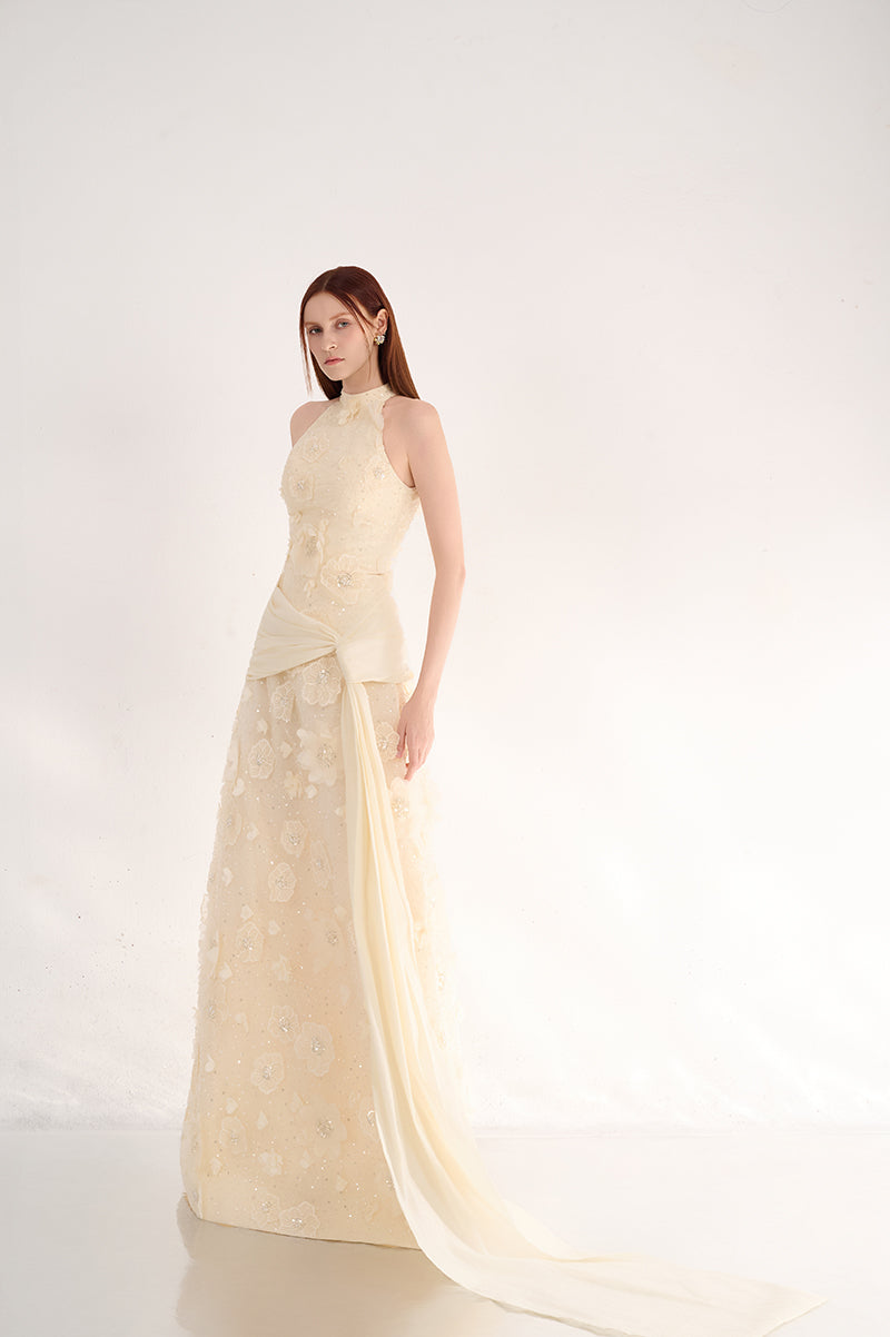 HALTER NECK MAXI DRESS WITH FLORAL DETAILS - CULT MIA