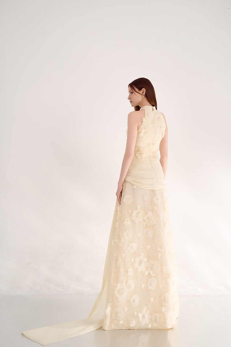 Elegant halter neck gown with floral details by Happy Clothing, featuring a flowing silhouette and intricate floral embroidery.