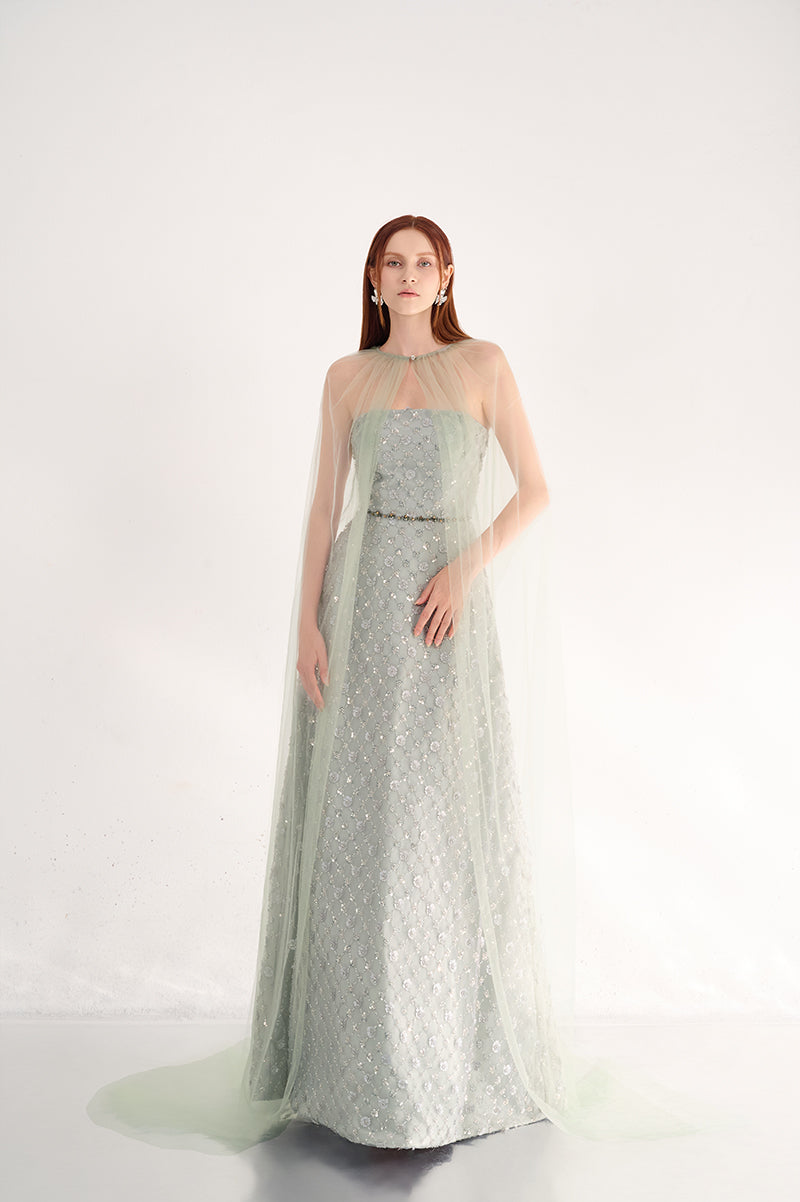 DARK MINT PEARL MAXI DRESS WITH SCARF DETAIL - CULT MIA