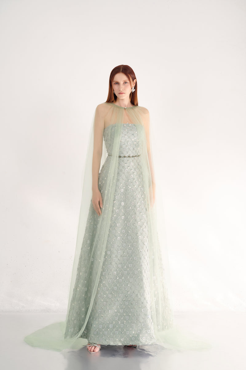 DARK MINT PEARL MAXI DRESS WITH SCARF DETAIL - CULT MIA