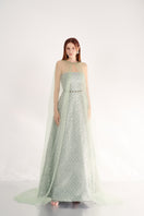 Dark mint pearl gown with scarf detail from Happy Clothing, featuring flowing fabric and elegant design for formal occasions.