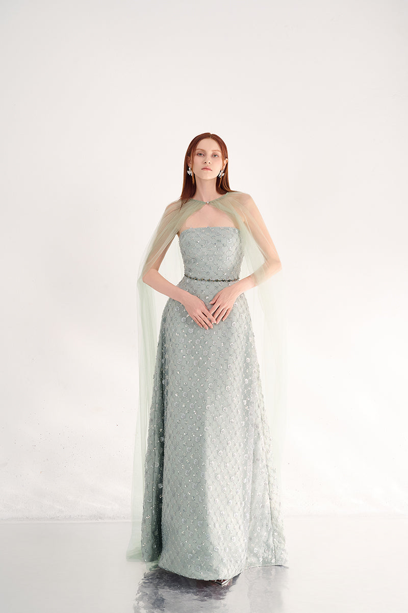 DARK MINT PEARL MAXI DRESS WITH SCARF DETAIL