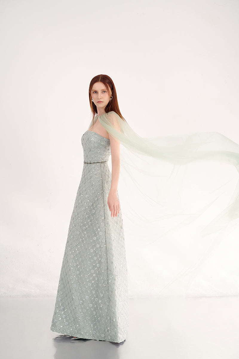 Dark mint pearl gown with scarf detail from Happy Clothing, featuring elegant fabric and sophisticated design.