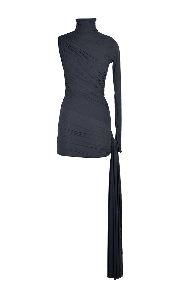 Deme By Gabriella Obsidia mini dress with sleek black fabric and fitted silhouette, perfect for stylish evening wear.