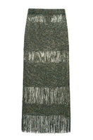 Lalo hand-knit metallic maxi skirt with embellishments, showcasing intricate knit pattern and shimmering details.