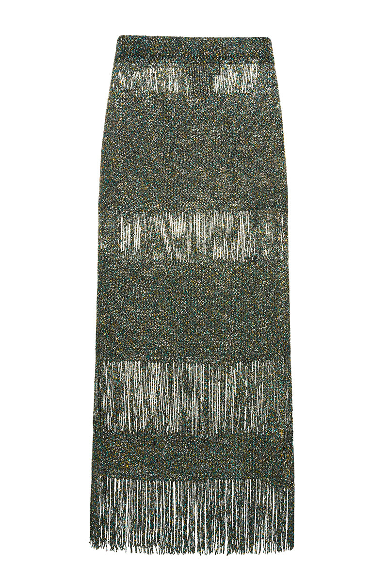 Lalo hand-knit metallic maxi skirt with embellishments, showcasing intricate knit pattern and shimmering details.