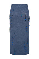 Lalo hand-knit blue maxi pencil skirt with embellishments, featuring intricate knitting and decorative details.