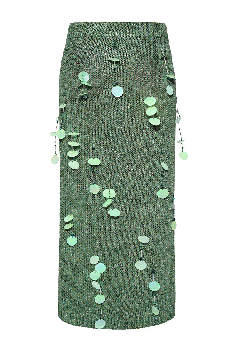 Lalo hand-knit green maxi skirt with embellishments, featuring a flowing design and intricate details.