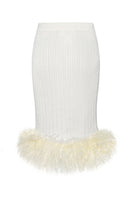Cream ribbed feather knit midi skirt by Lalo, showcasing its textured ribbed fabric and elegant length.