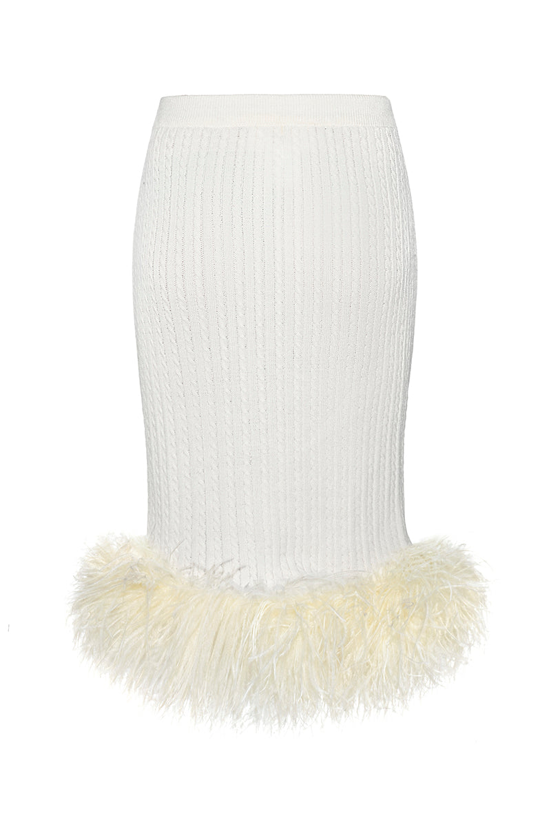 Cream ribbed feather knit midi skirt by Lalo, showcasing its textured ribbed fabric and elegant length.