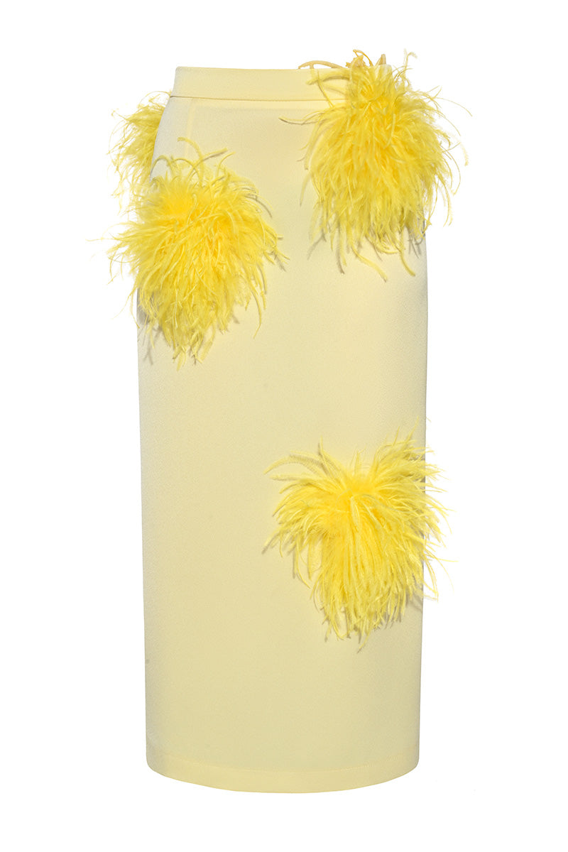 BUTTER YELLOW PENCIL SKIRT WITH FEATHER DETAILS