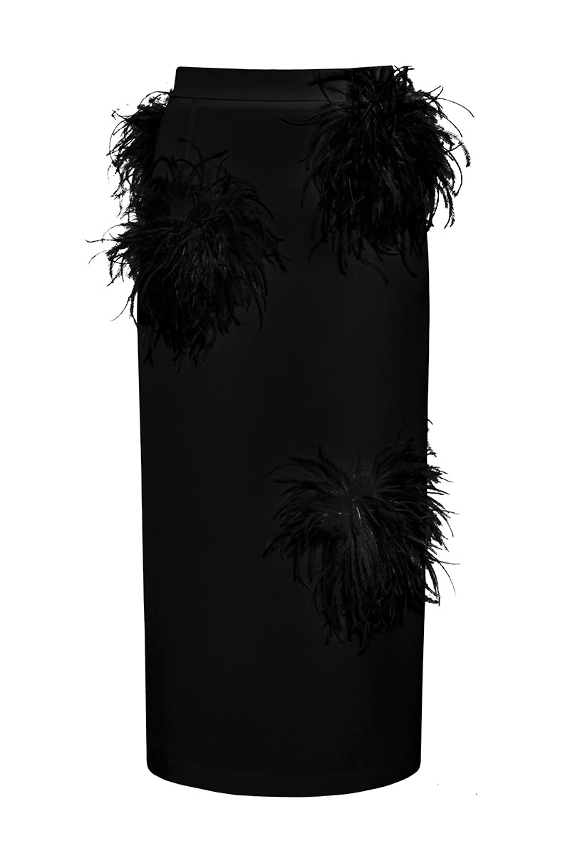 BLACK PENCIL SKIRT WITH FEATHER DETIALS
