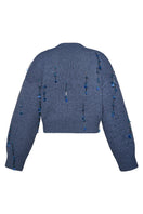 Hand-knit blue cardigan with embellishments by Lalo, featuring intricate details and cozy, stylish design.