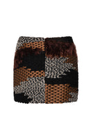Lalo hand-knit mini skirt in brown multi with textured pattern, stylish and cozy fashion piece displayed on model.