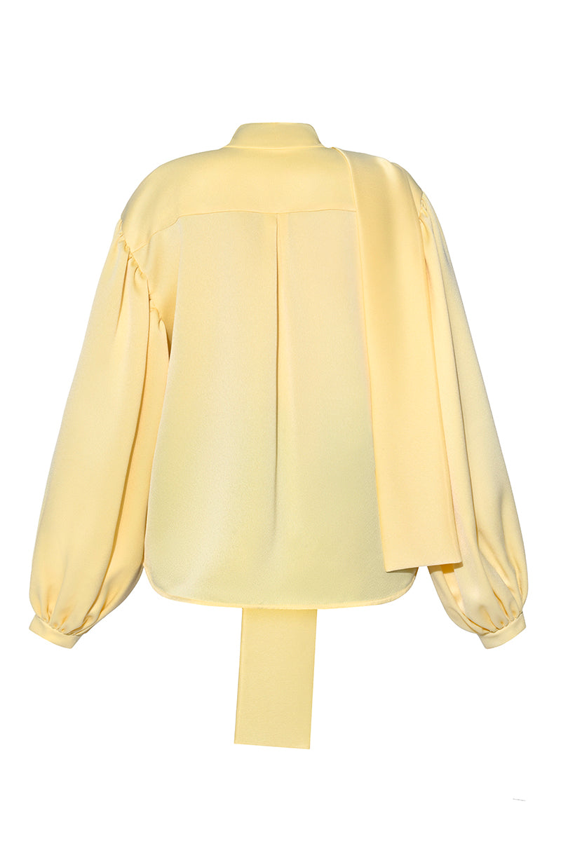 Lalo butter yellow blouse with draped scarf detail, stylish tops featuring elegant fabric and relaxed fit.